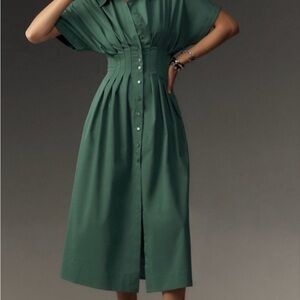 Anthropologie Tobie Forest Green Button-Front  Dress